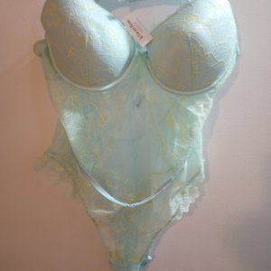 NWT La Vie En Rose Push Up Lacy Teddy Bodysuit, Blue & Yellow Lace, Size Small